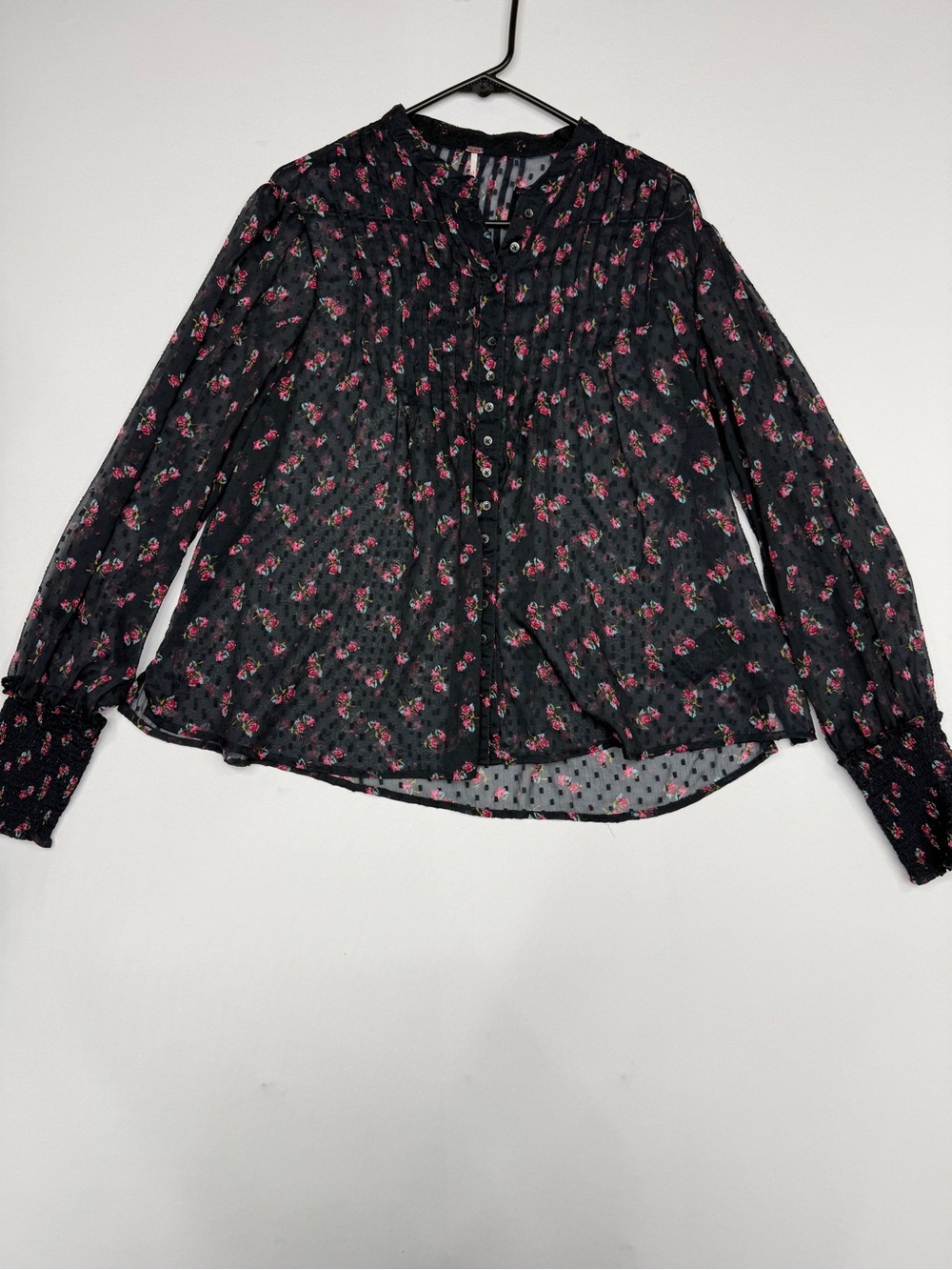 Free People Flowers In December Black Sheer Floral Blouse Top M